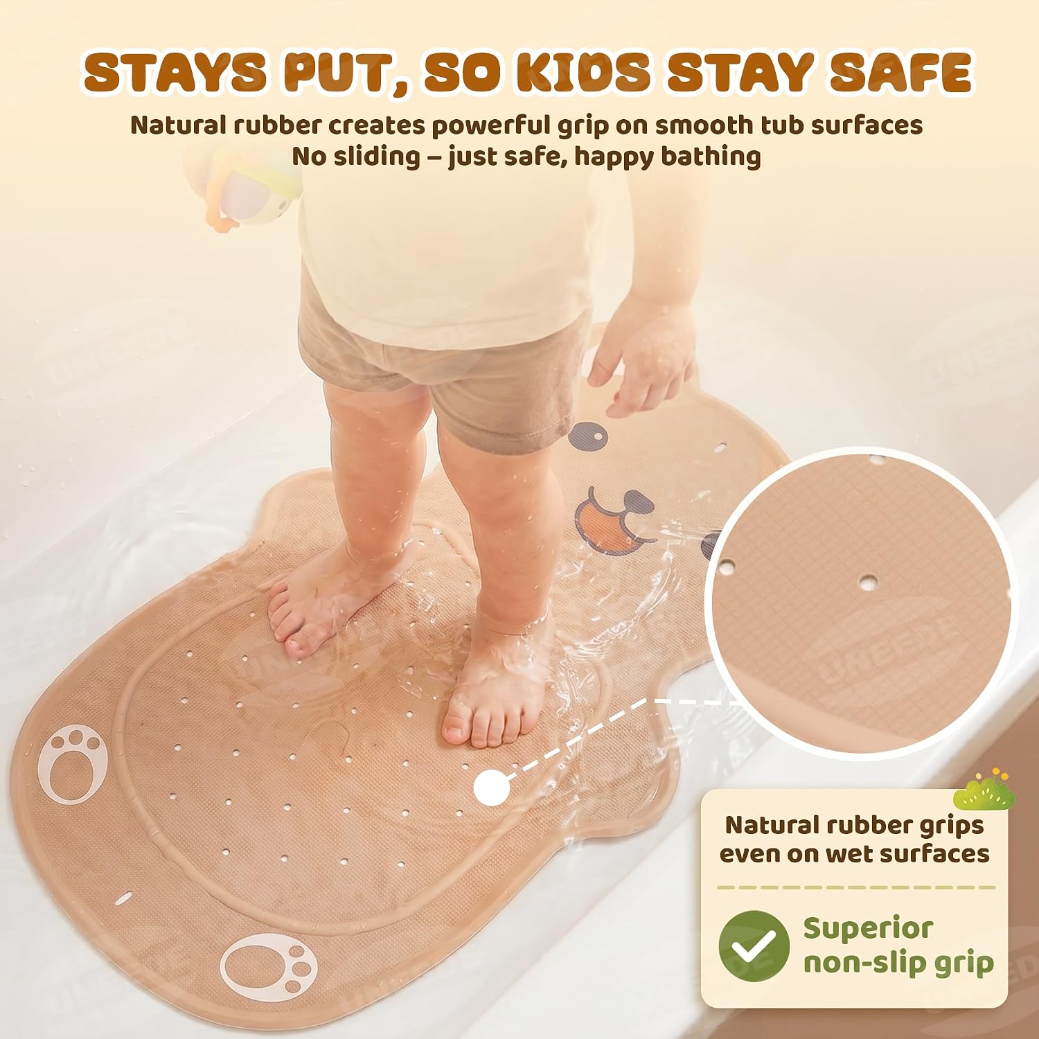 UNEEDE Non Slip Bathtub Mat for Kids | Natural Rubber Toddler Bath Mat with 126 Suction Cups and 43 Drainage Holes, Soft Machine Washable Bathroom Essentials