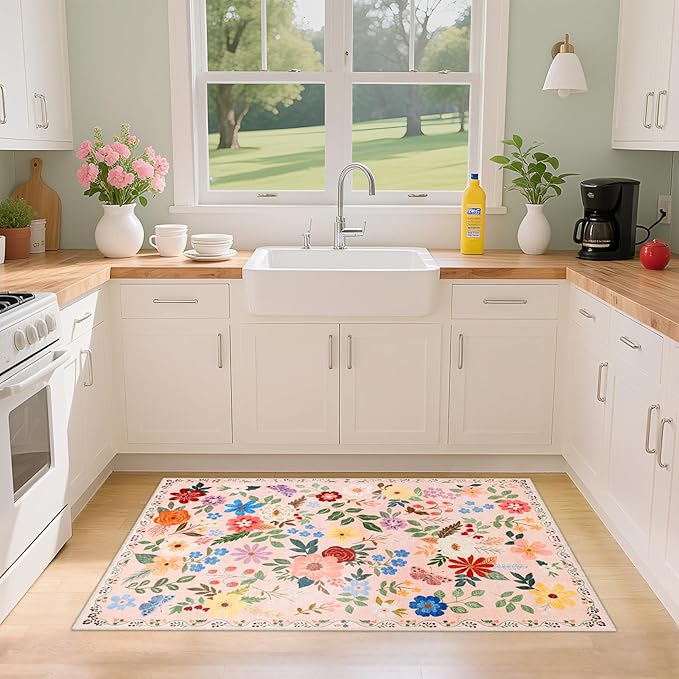 Entryway Rug 2X3 Small Rugs: Floral Washable Door Mat Vintage Soft Low Pile - Image 4