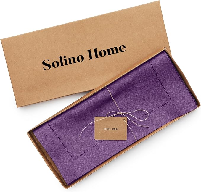 Solino Home Linen Purple Table Runner 72 Inches Long - 100% Pure Linen Hemsti...