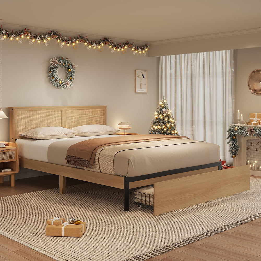 GarveeHome Rattan Full Bed Frame with 2 Storage Drawers and Led Lights