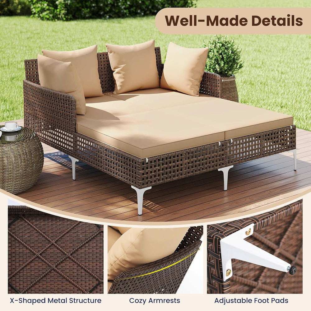 Tangkula Outdoor Rattan Double Daybed, Boho Wicker Chaise Lounge for 2 with S...