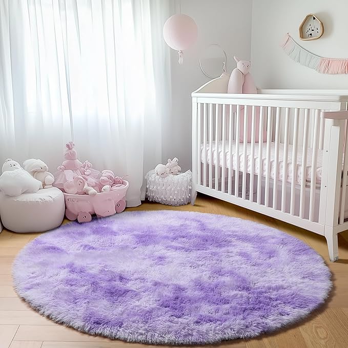 ONASAR Round Rugs 5ft for Bedroom Living Room, Tie-Dyed Purple Fluffy Circle - Image 8