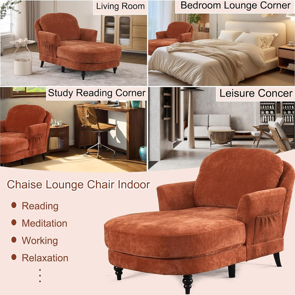 59.8" Chaise Lounge Chair Indoor, Chenille Reading Chairs | Side Pocket,...