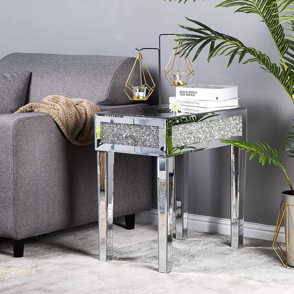 VINGLI Mirrored Nightstand Set of 2 Narrow Side Table with Drawer Glass Accen...