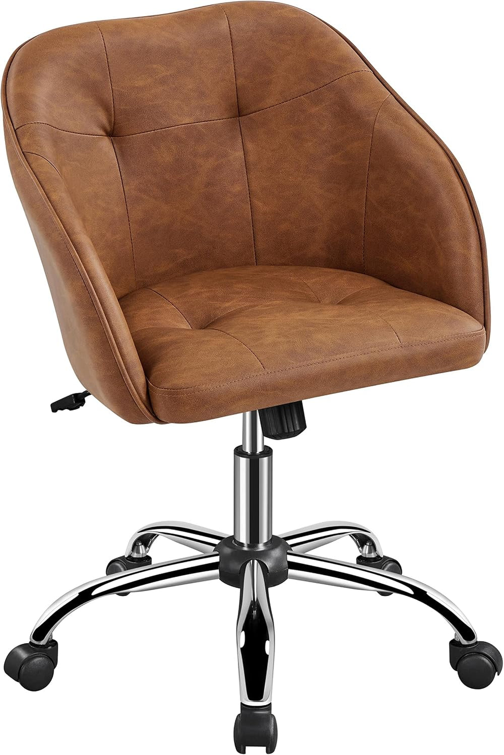 Yaheetech Faux Leather Vanity Chair with Wheels, Tufted Seat, Retro Brown