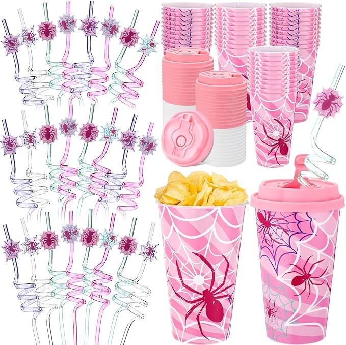 Yungyan 36 Sets Pink Spider Party Favors Goodie Cups with Lids and Straws for...