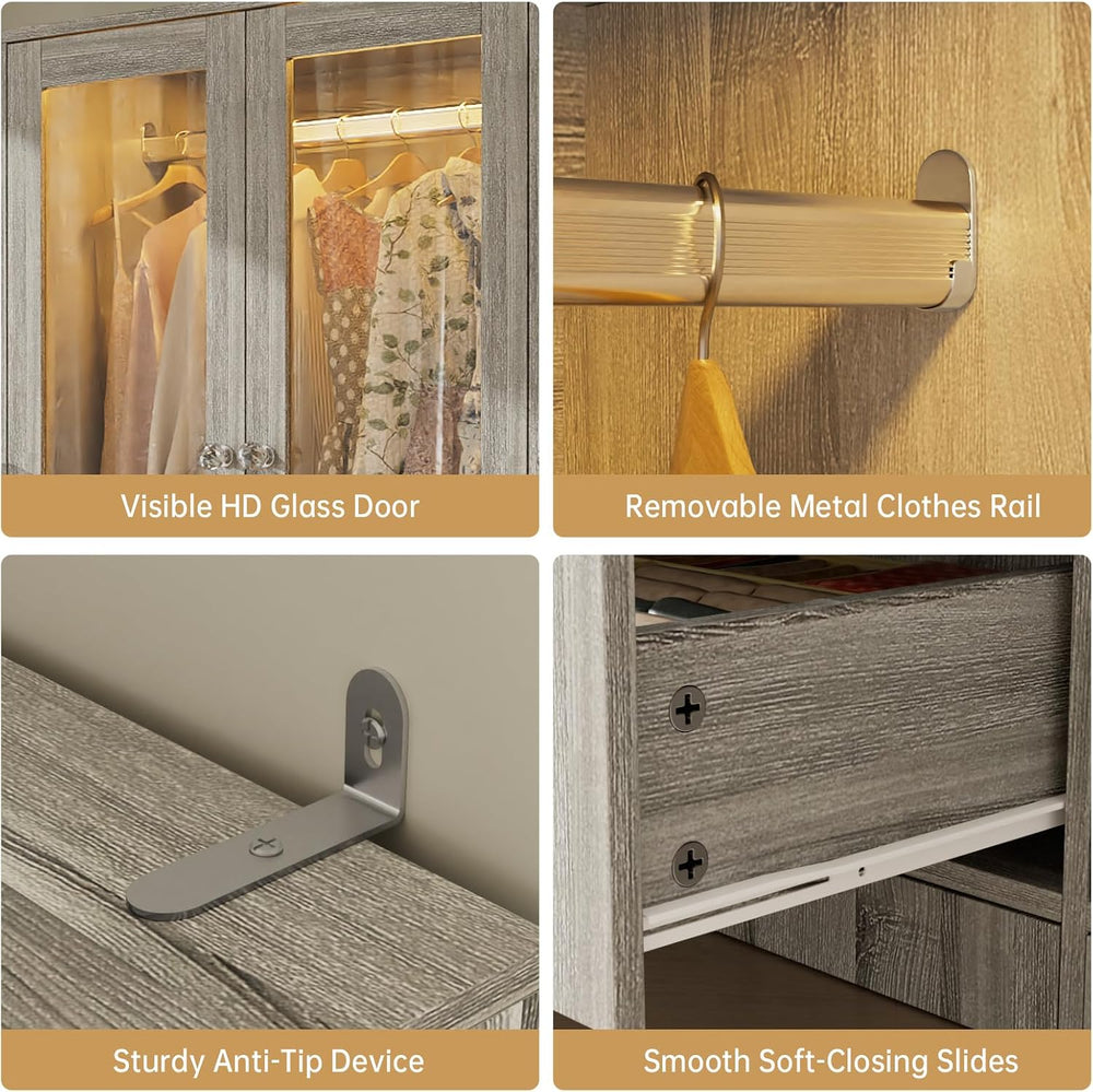 VOWNER 75" Tall Armoire Wardrobe Closet with 2 Glass Doors