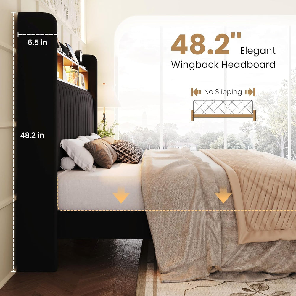 SHA CERLIN Full Size Platform Bed Frame / 2-Tier Storage Shelf/Velvet Wingbac...