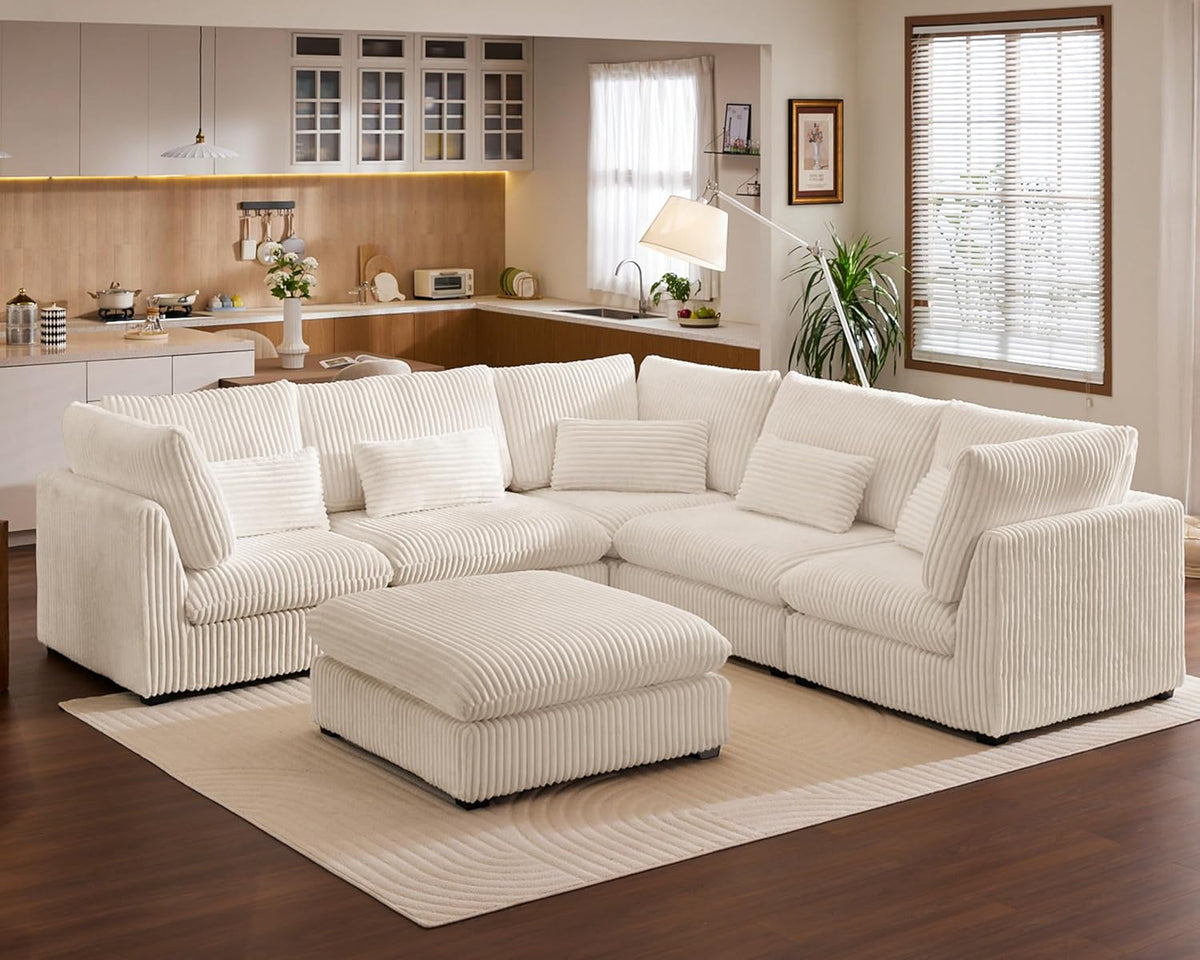 115" Oversize Corduroy Modular Sectional Sofa Couches for Living Room,White | Washable Couch with Fully Removable Cover, Cloud Couch Sectional, 5 Seater with Ottoman, Corner & V-Shaped