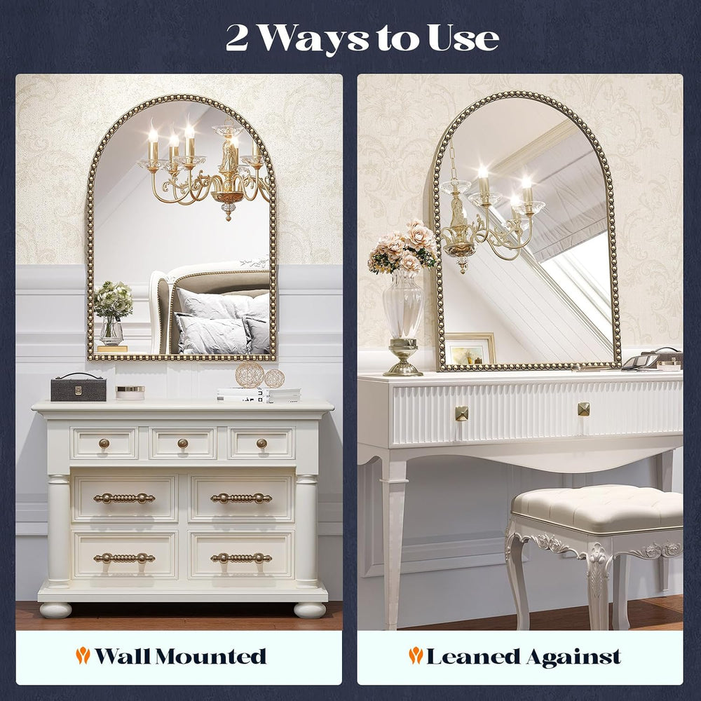 Beaded Arched Mirror for Wall, 30"x40" Gold Arch Brass Bathroom Mir...