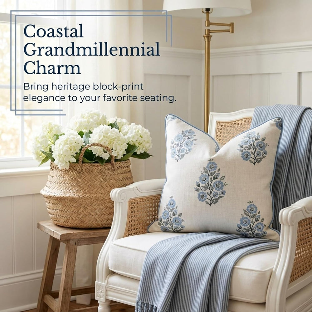 Jillien Harbor “The Camille” Floral Block Print Pillow Cover – Soft Blue and ...