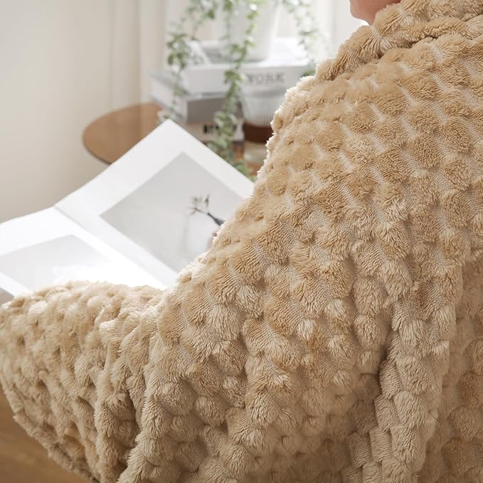 Beige Throw Blanket 50"×60" inches Fuzzy 3D Jacquard Decorative Flannel Fleece - Image 6