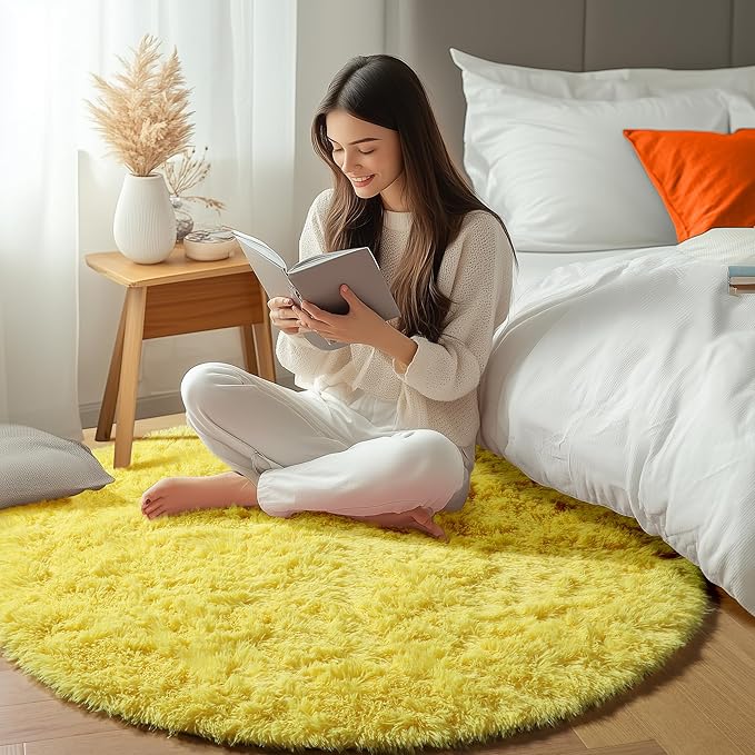 ONASAR Yellow Round Rugs 5ft for Bedroom Living Room, Fluffy Circle Area Rug - Image 5
