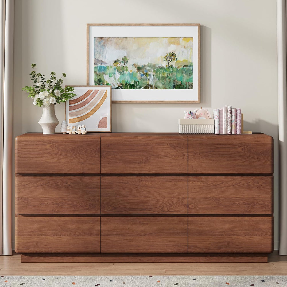 YANSNWO Walnut 9 Drawer Dresser for Bedroom, 63" Wide Chest of Drawers