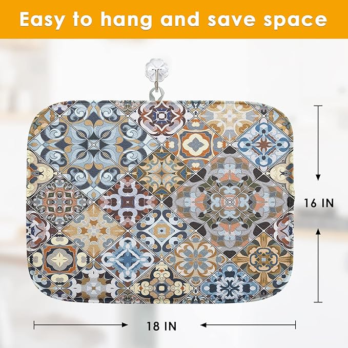 Sanwarm Absorbent Dish Drying Mat, Retro Colorful Tiles Vintage Floral - Image 2