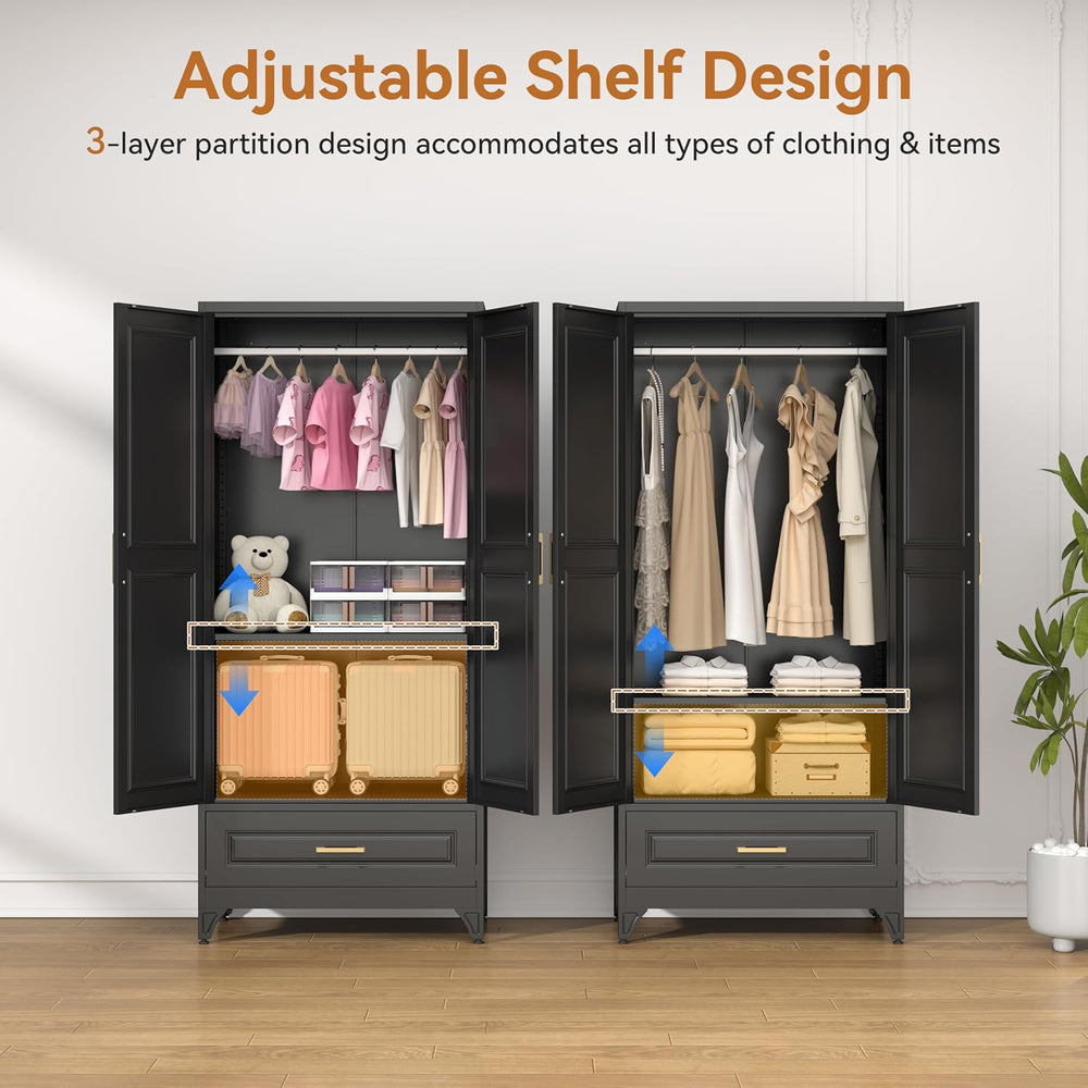 Polup 71" Black Metal Armoire Wardrobe Closet with Doors and 1 Drawer