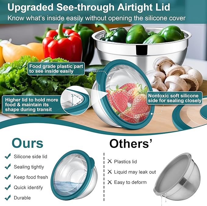 E-far Mixing Bowls Set of 5, Stainless Steel Salad Mixing Bowl - Image 2