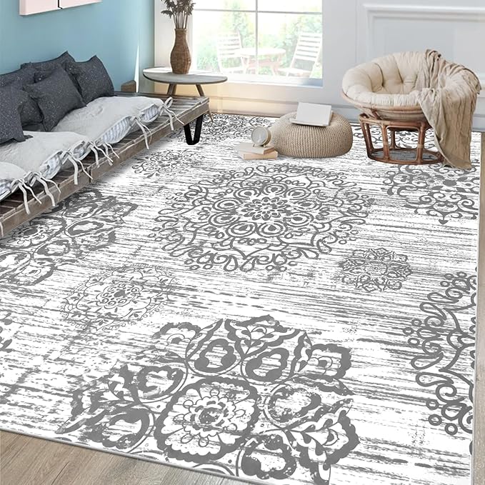 HEBE Washable Area Rug 6'x9' Non Slip Soft Distressed Medallion Bedroom & by HEBE