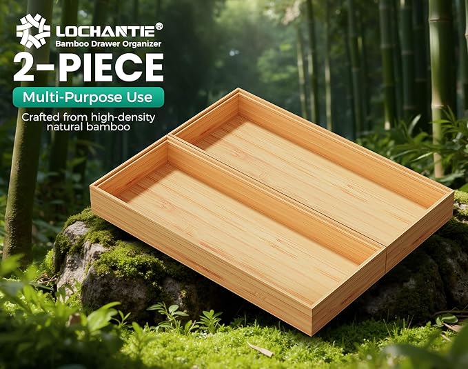 Bamboo Kitchen Drawer Organizer Boxes – 14" x 5" Stackable Wood Silverware - Image 3