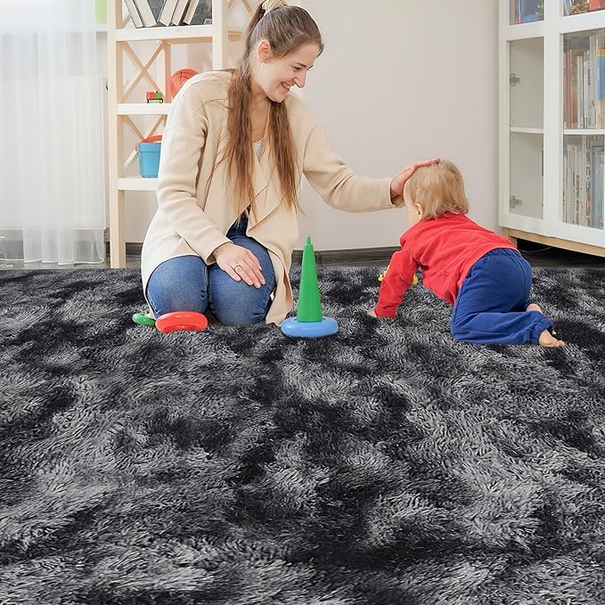 Black Grey Tie-Dyed Rug for Living Room 8x10 Fluffy Area Rug Mat Bedside Throw - Image 3