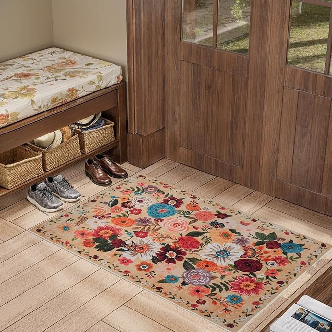 Floral Rug for Entryway, 2x3 Washable Kitchen Mat Ultra-Thin Soft, Non-Slip by WelcometoBabovid