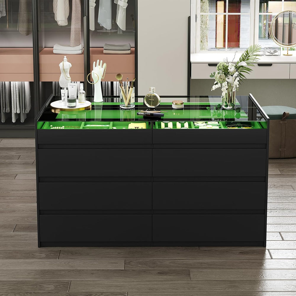 LIVAUVEAD 16 Drawer Closet Island with Glass Top & LED Light, Black