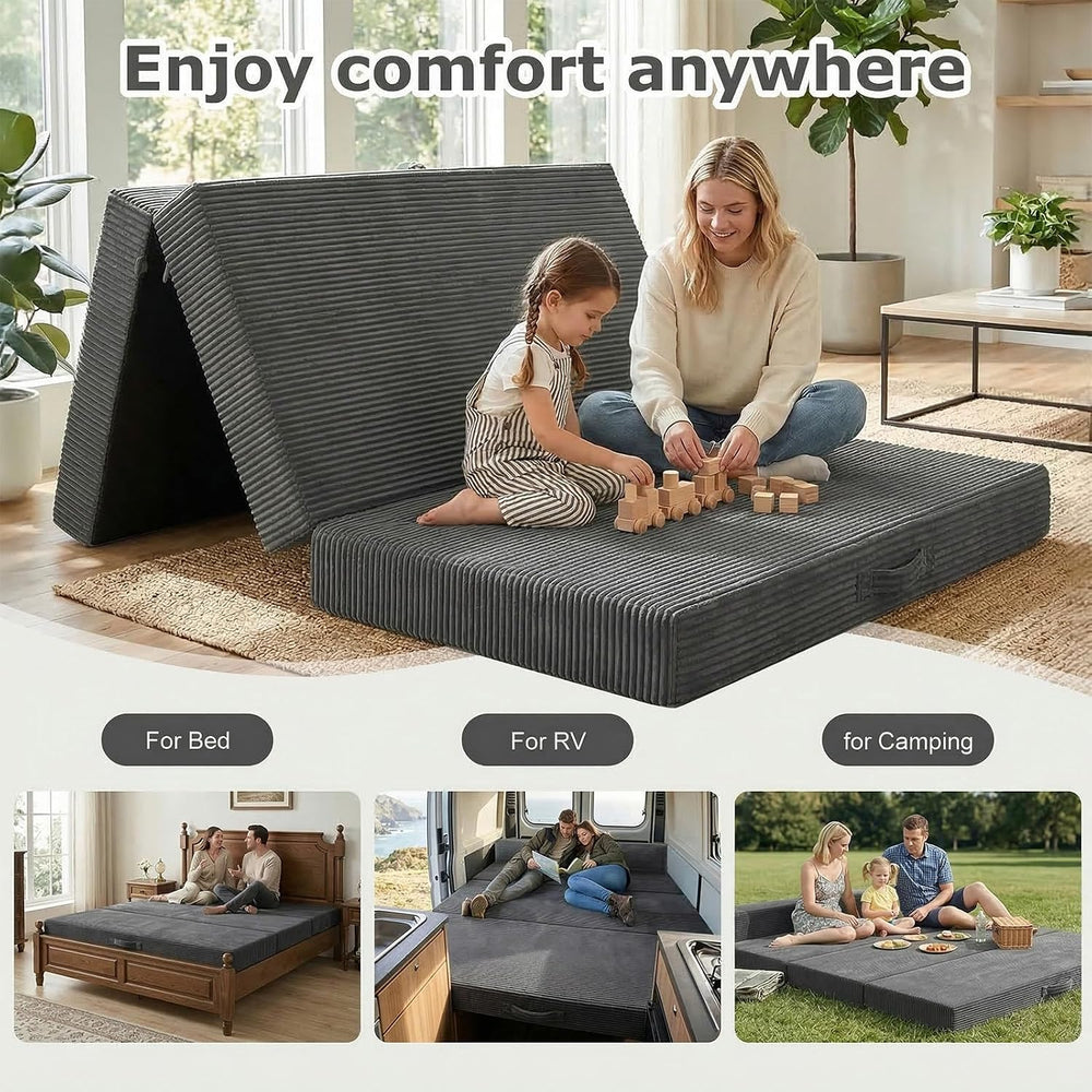 6 inch Tri-Folding Mattress Queen Futon Sofa Bed, Convertible Foldable Mattre...