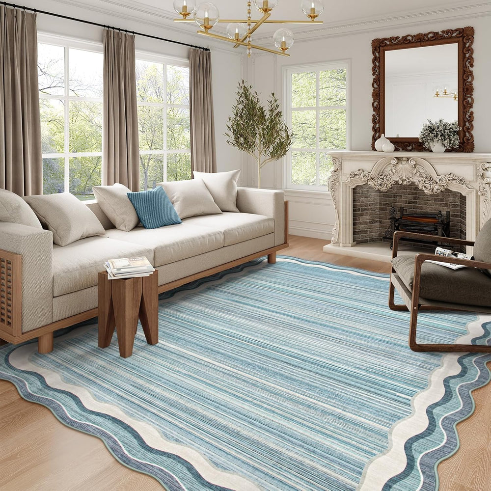 Lahome Estelle Scalloped 8x10 Area Rugs for Living Room, Washable Soft Blue R...