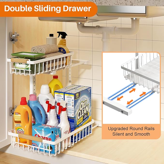 REALINN Under Sink Organizer, Height Adjustable 2 Tier Pull Out Cabinet Storage - Image 4
