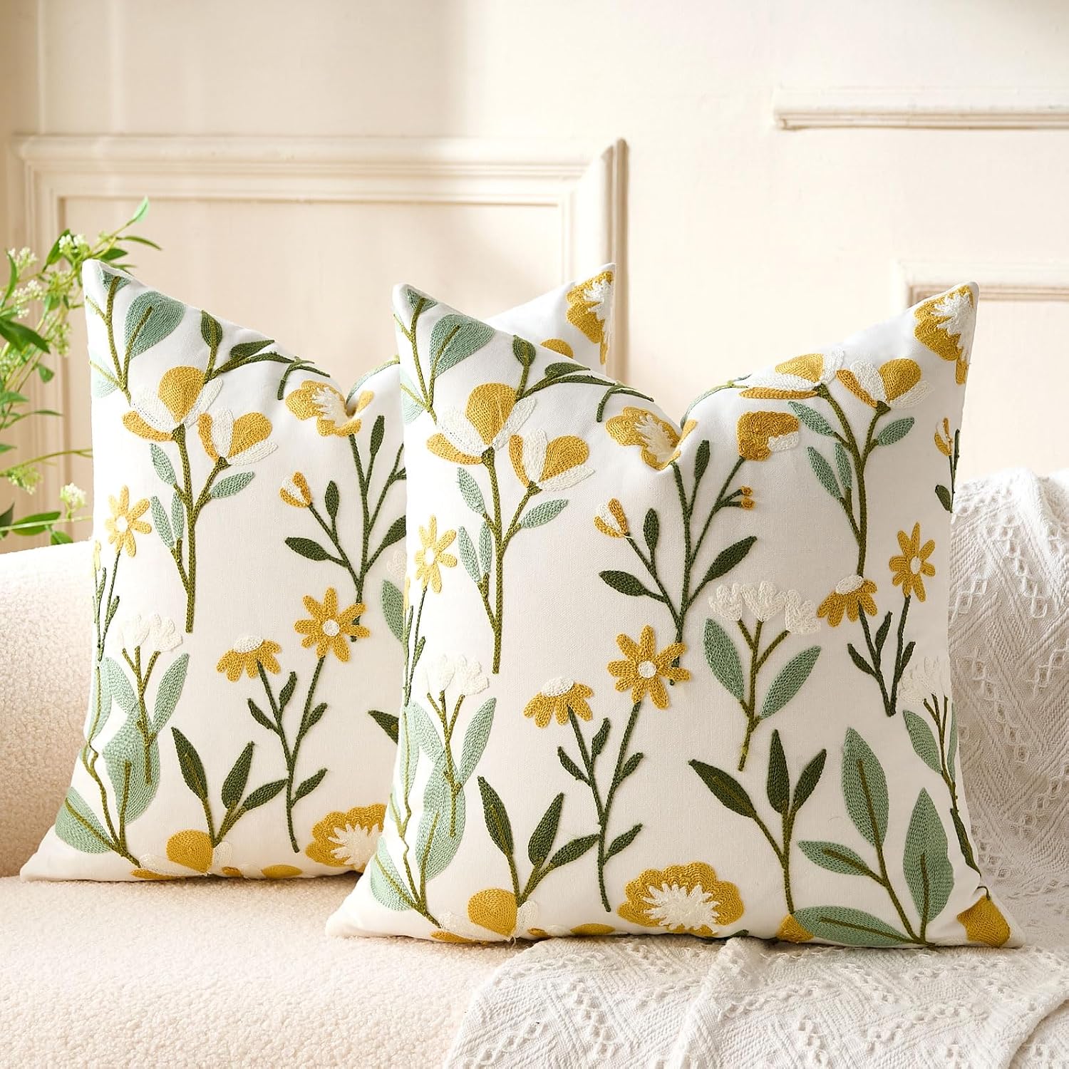 Embroidered Floral Throw Pillow Covers Summer Decorative Couch Pillow Covers Farmhouse Green Floral Tufted Pillow Covers 20x20 Square Cushion Cases Set of 2 for Living Room Couch Sofa Bed Home Decor