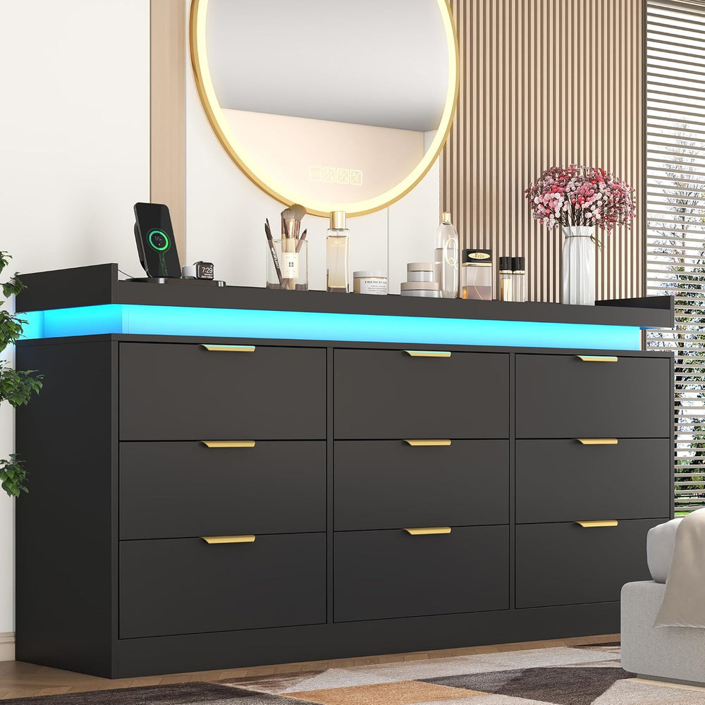9 Drawer Dresser for Bedroom, Black Dresser with LED Lights and Power Outlet,...
