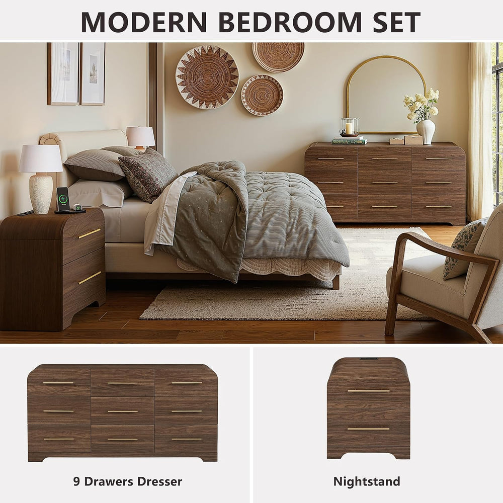 63" Wide 9 Drawer Dresser and Nightstand Set 3 Piece, Walnut