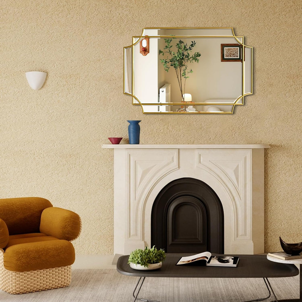 Gold Mirror for Wall, 36x24 Gold Wood Framed, Scalloped Beveled Polished Rect...