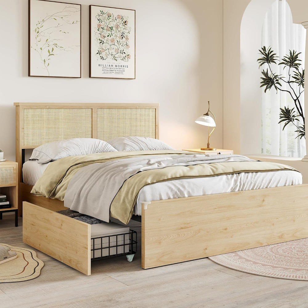 Natural Rattan Headboard Queen Bedframe with 4 Storage Drawers and Footboard,...