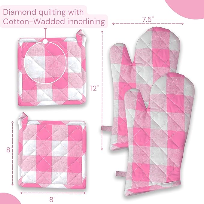 Buffalo Plaid Check Oven Mitts and Pot Holders Set, 100% Cotton, Heat Resistant - Image 3
