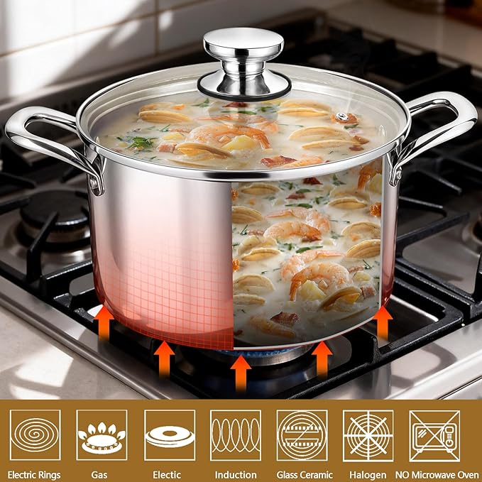 P&P CHEF 8 Quart Tri-Ply Stainless Steel Stock Pot, 8 Qt Stockpot Pasta Cooking - Image 5