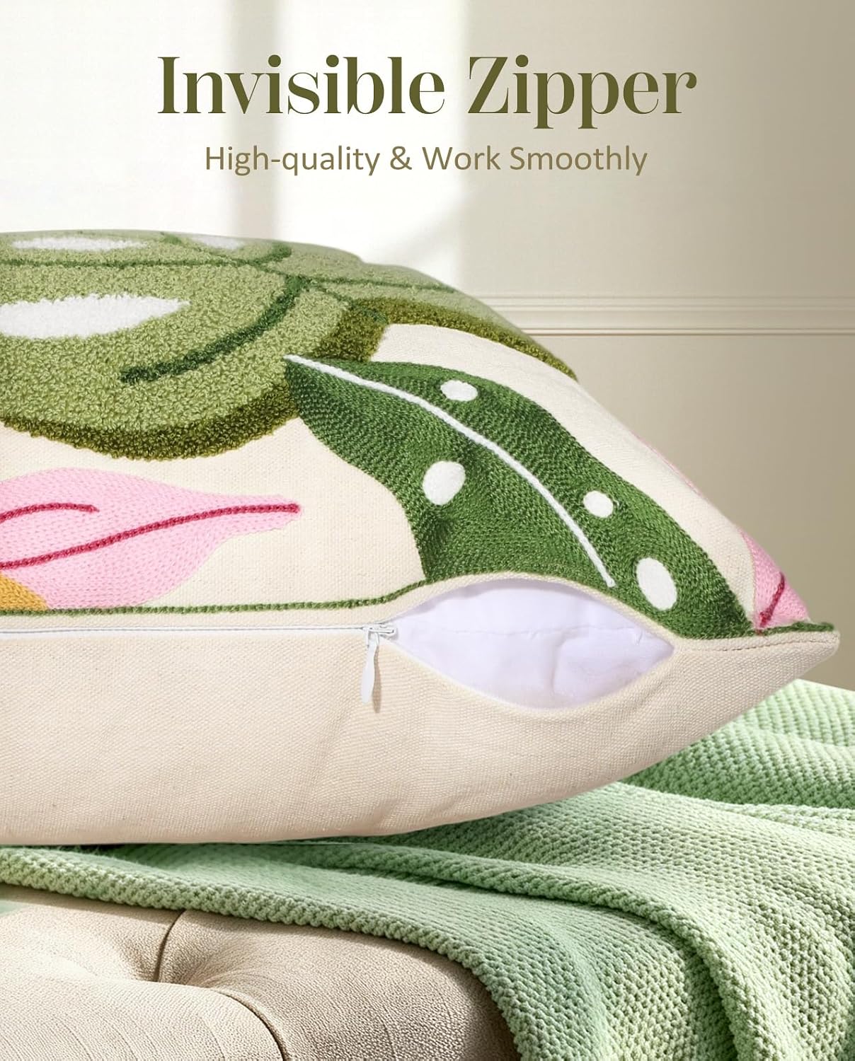 Embroidered Throw Pillow Cover - 18x18 Decorative Pillow Cover with Zipper Aesthetic Cute Design Boho Spring Summer Throw Pillowcase for Living Room Couch Sofa Bed, Monstera Leaves