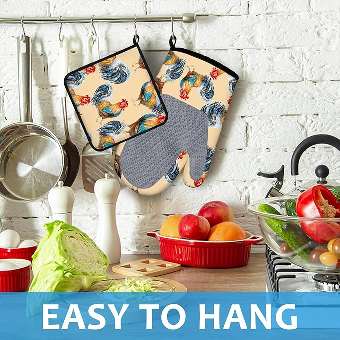 Watercolor Rooster Oven Mitts and Pot Holders Sets Heat Resistant 4Pcs - Image 4