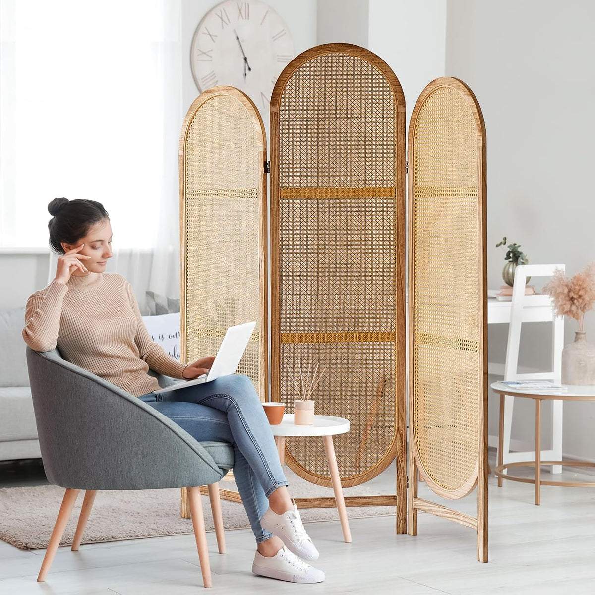3 panel rattan room divider screen, boho folding, main product view