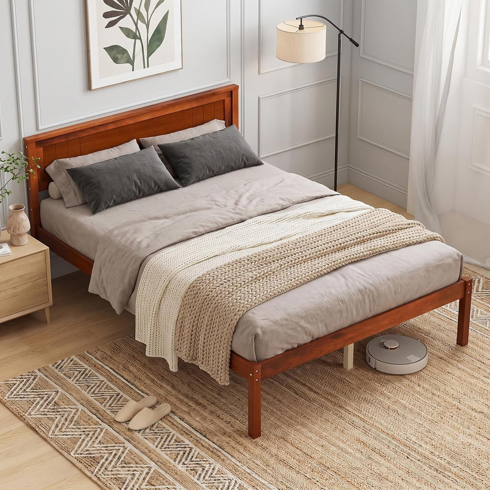 KOMFOTT Full Size Wood Platform Bed Frame with Headboard, Solid Wood Bed Fram...