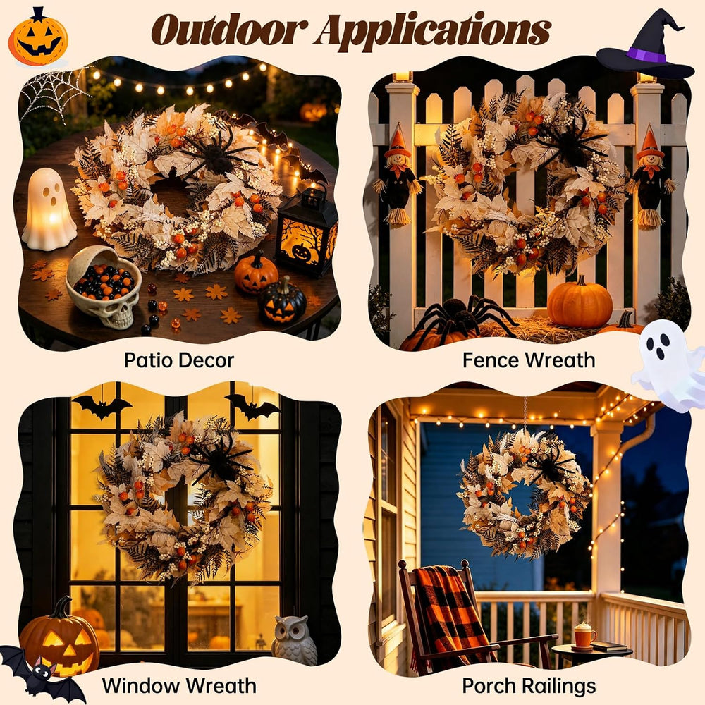 24" Halloween Wreath for Front Door with Spider, Maple Leaf