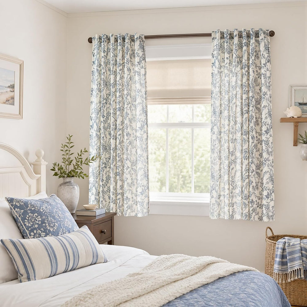 Lazzzy Blue Floral Linen Curtains Farmhouse Rod Pocket 50W X 63L 2 Panels