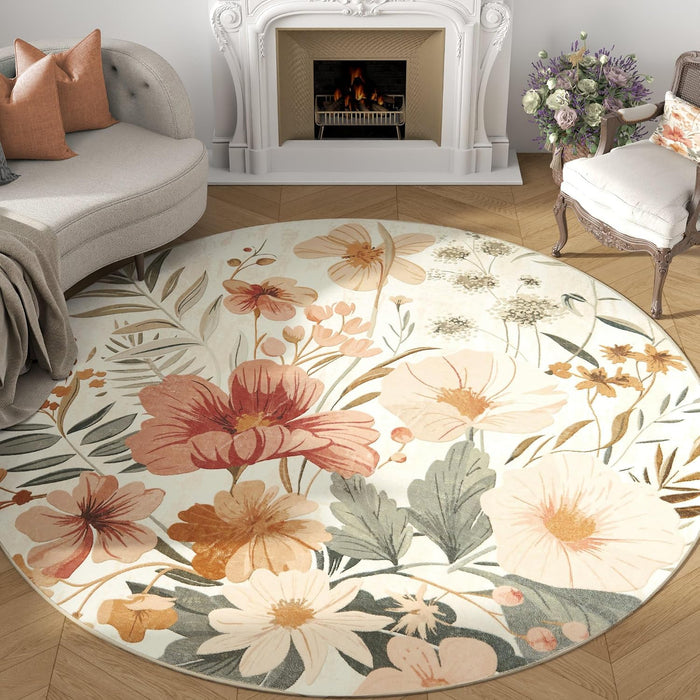 jinchan Floral Round Area Rug, 8ft Pink Grey, Washable Non Slip