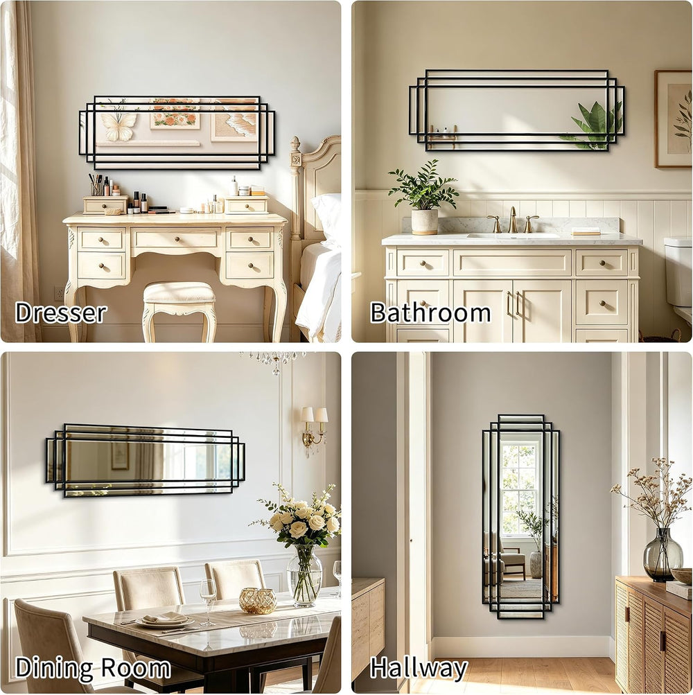 42"x16" Geometric Decorative Beveled Mirror with Black Wood Frame
