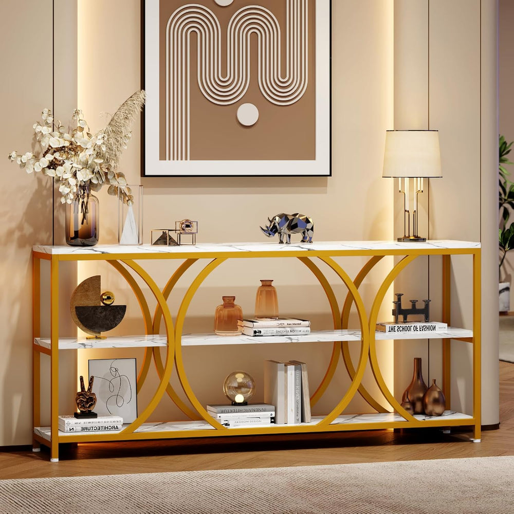 70.8 inch Extra Long Entryway Table,Gold Narrow Sofa Table | 3 Tier Storage S...