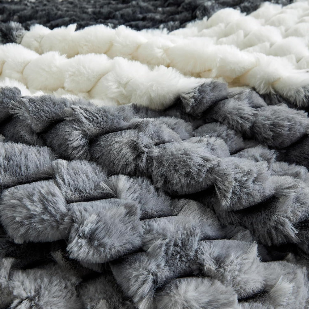 Petrichor Fluffy King Comforter Set - Black and White Striped Faux Fur Blanke...