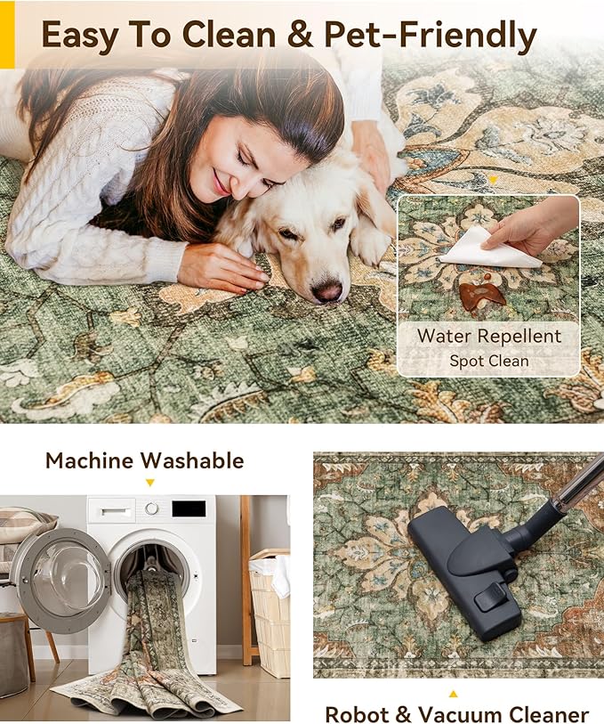 Area Rugs 8'x10' Washable Non-Slip, Floral Vintage Distress Print Pattern - Image 6