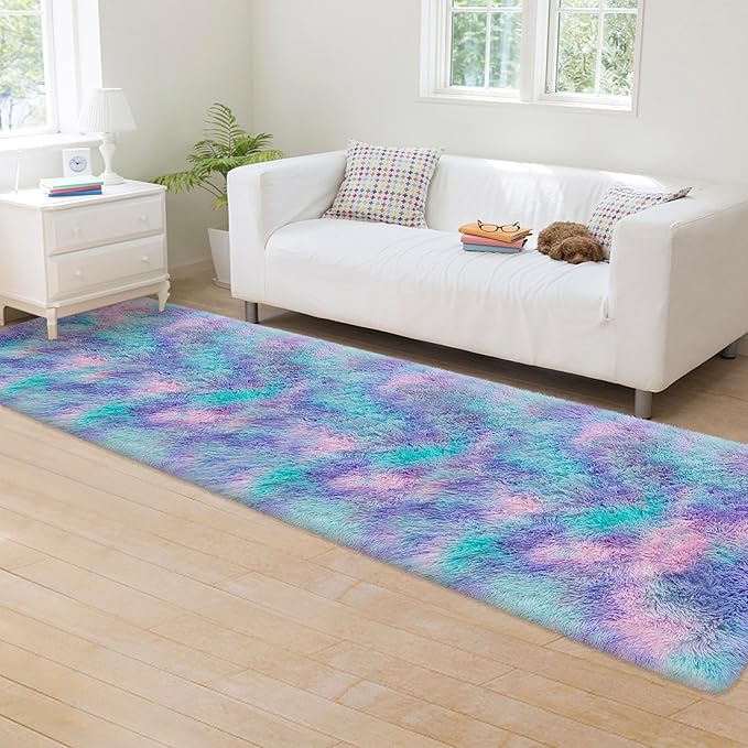 Super Soft Fluffy Living Room Area Rug 2x8 ft Purple Rainbow Tie-Dyed Shaggy - Image 3