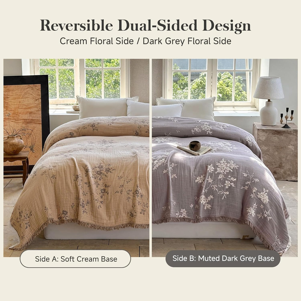 QKTE 100% Cotton Muslin Blanket King Size with Tassels, Lightweight Breathabl...