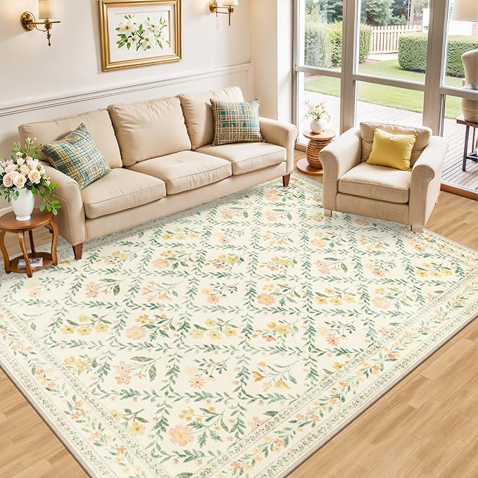Area Rugs 9x12 Living Room: Floral Washable Rug Vintage Large Soft Boho - Image 3